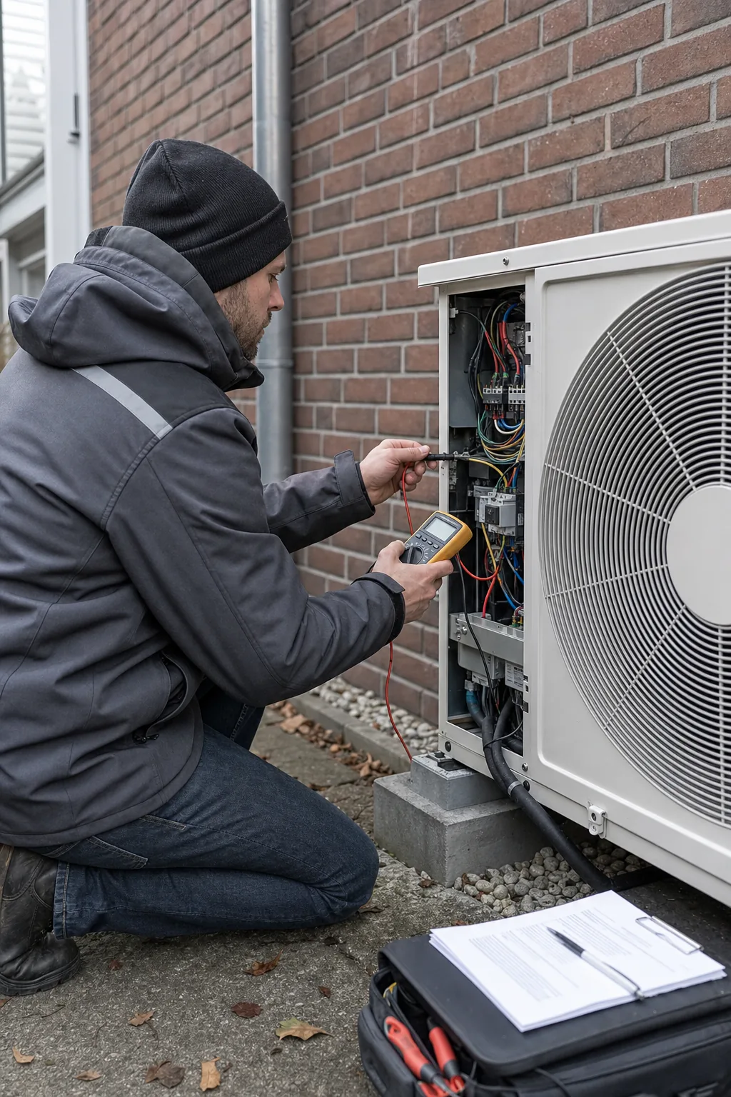 Monteur prüft mit einem Messgerät die Elektrik der geöffneten Außeneinheit, daneben liegen die Unterlagen