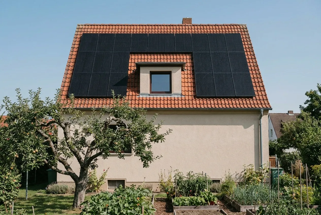 Siedlungshaus aus den 1930ern, Solarmodule mit Abstand um die Dachgaube verlegt