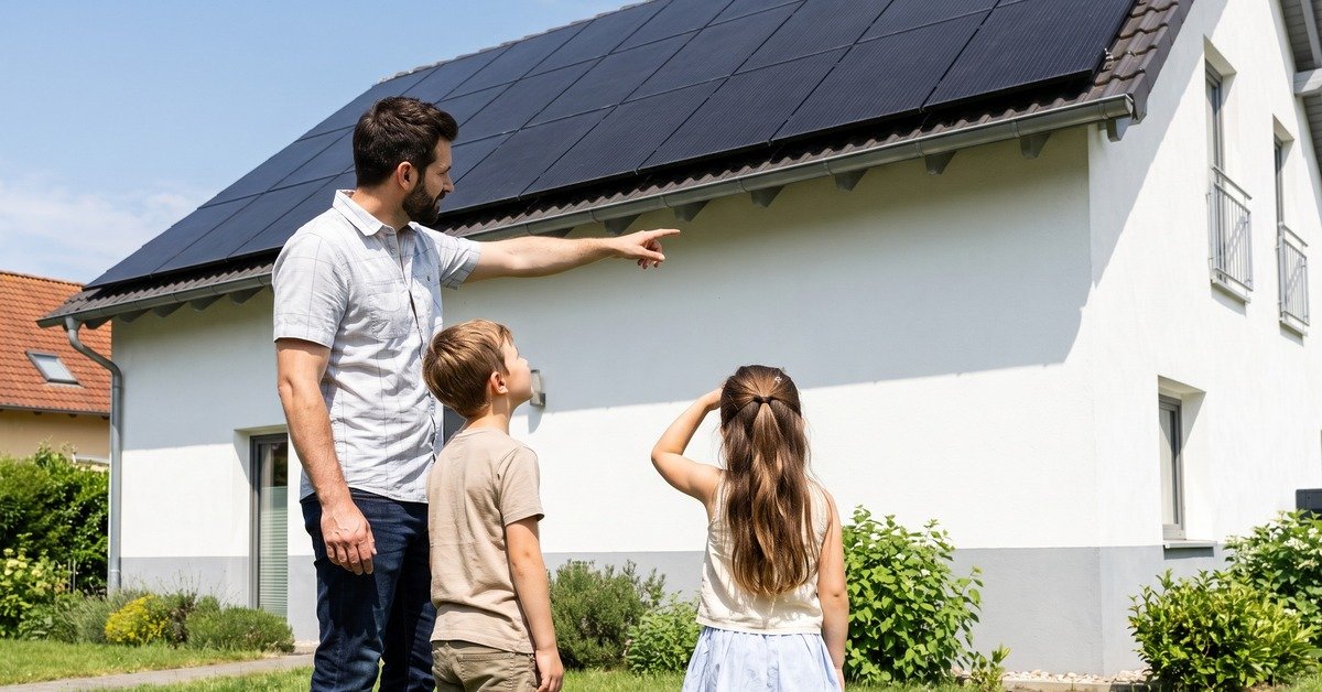 Familie blickt auf die neu installierte Photovoltaik-Anlage auf dem Dach