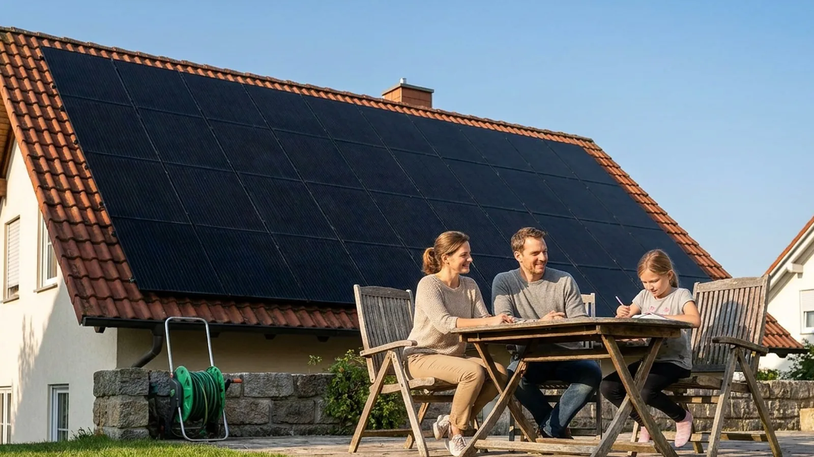 Familie sitzt auf der Terrasse, dahinter das Hausdach mit schwarzen Solarmodulen