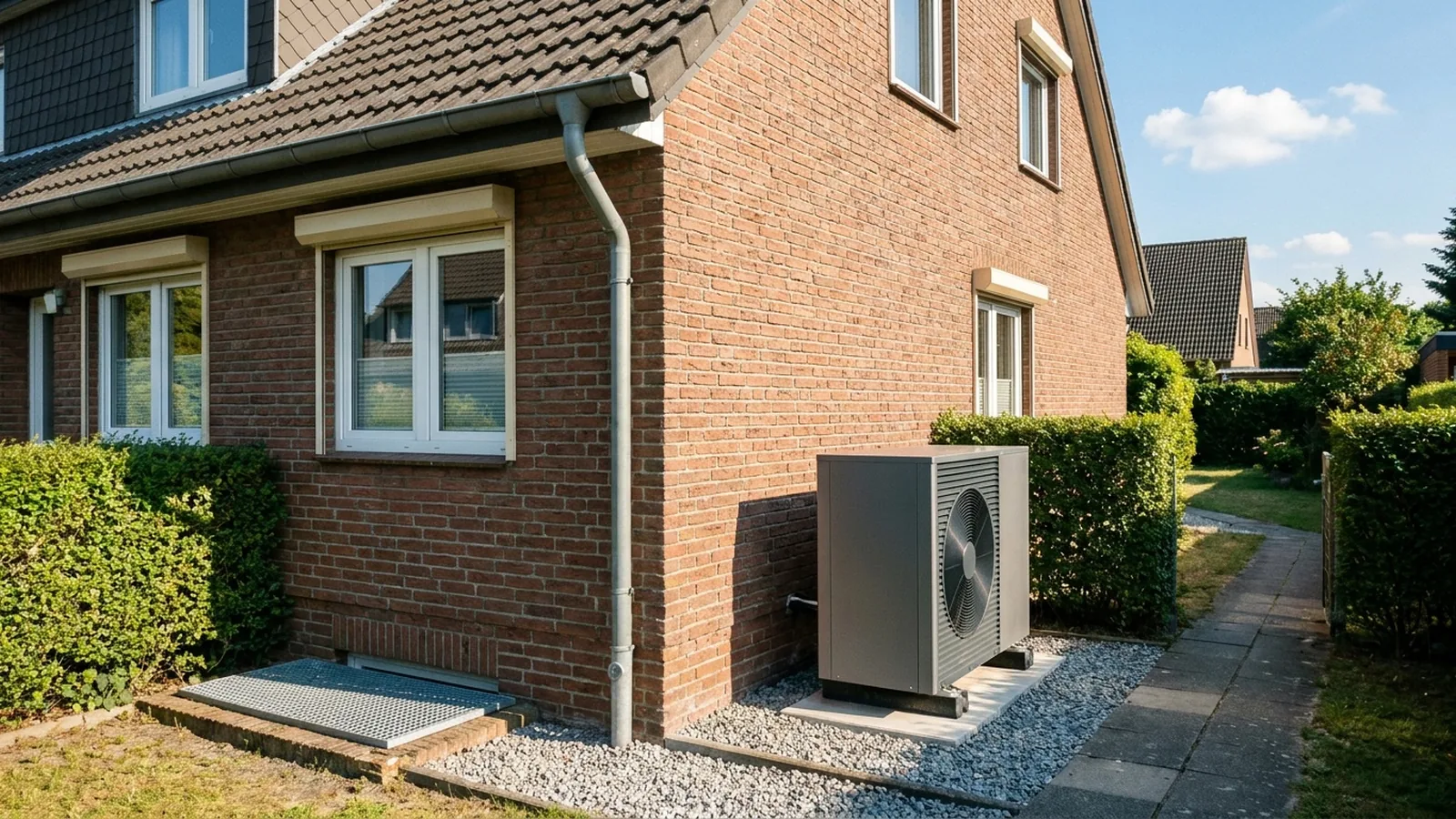 Wärmepumpe im Kiesbett an der Seitenwand eines Klinkerhauses